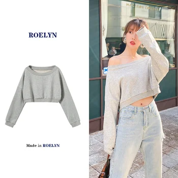 Roelyn ¢ 2023 Нов Свободен пуловер Корейската версия с висока талия, Тънък Модерен Кратък жена топ с однолинейным деколте